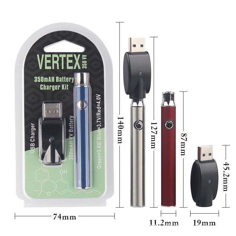 

Vertex Vape 510 USB Charger Cigarettes Atomizers Battery Thread Preheat Vaporizer Pen E 350mAh Vape Battery VV Batteries Kit For Cartri Boph