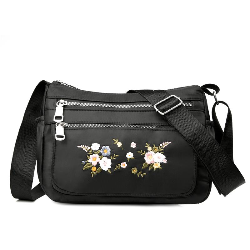 

Waterproof Nylon Embroidery Ladies Hand Bags Female Crossbody Bags for Women Shoulder Messenger Thread Sac A Main Femme, Black