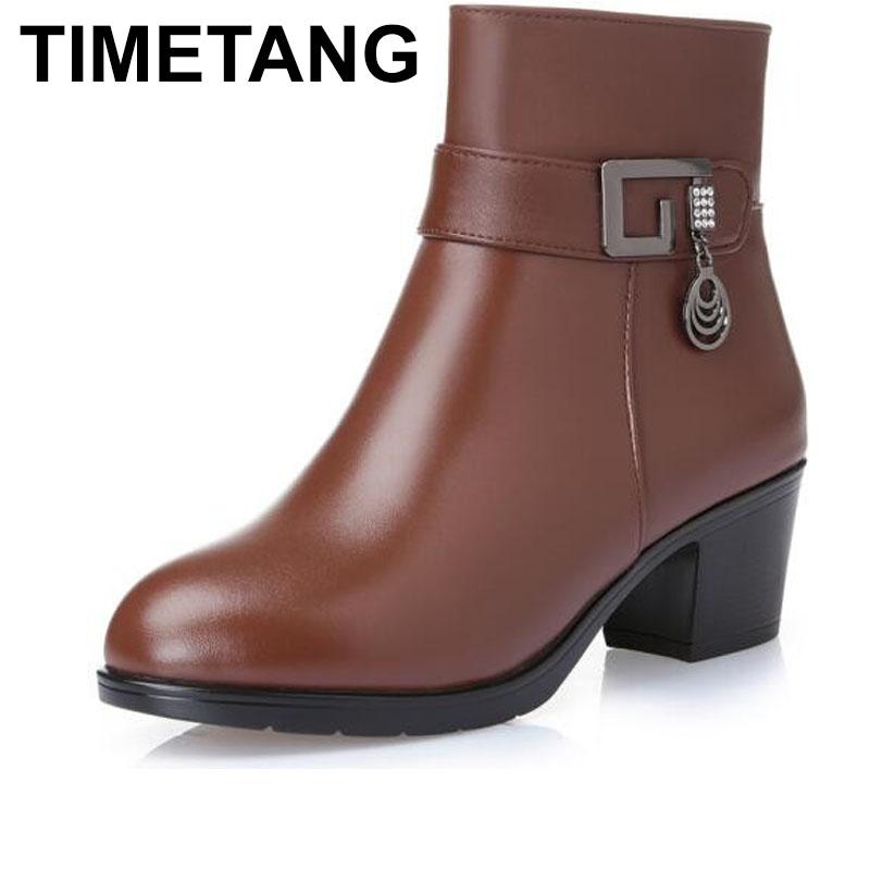

TIMETANG 2021 new winter thick wool lined genuine Leather women snow boots, large size 35-43 # mother warm boots, free shipping, Black