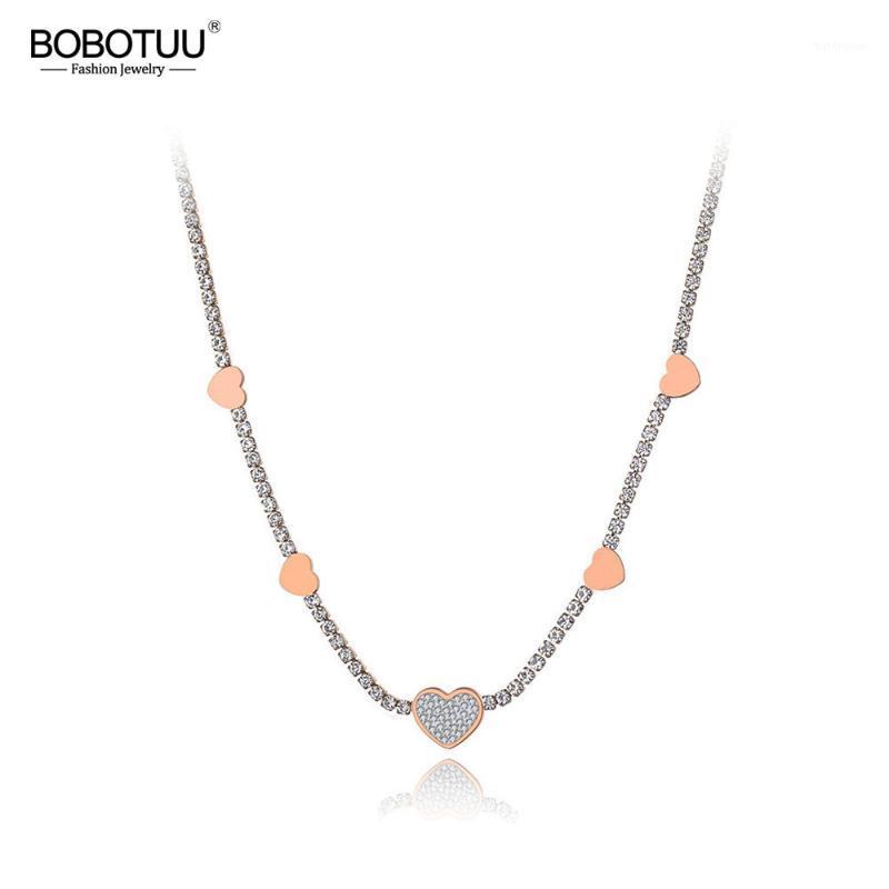 

BOBOTUU Titanium Stainless Steel Sparkling CZ Crystal Love Heart Choker Necklaces For Women Chic Rhinestone Necklace BN191901