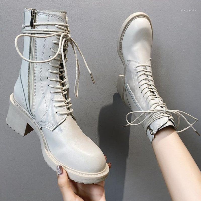 

High Women Heel Boots Spring Autumn Platform Mid Calf Boots Female Lace Up Punk Motorcycle Boot Zipper Ladies High Heel Shoes1, Black
