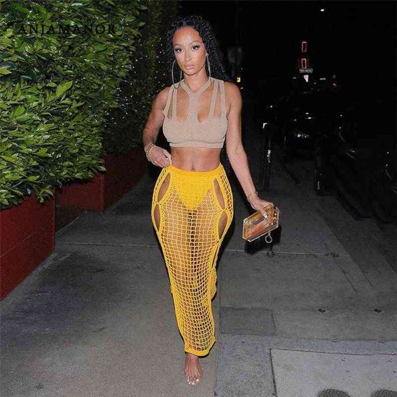 Sexy Crochet Knitted Long Summer Womens Skirts Vacation Outfits Beach Club Wear Hollow Out Split Maxi Skirt Yellow D83 Dc17