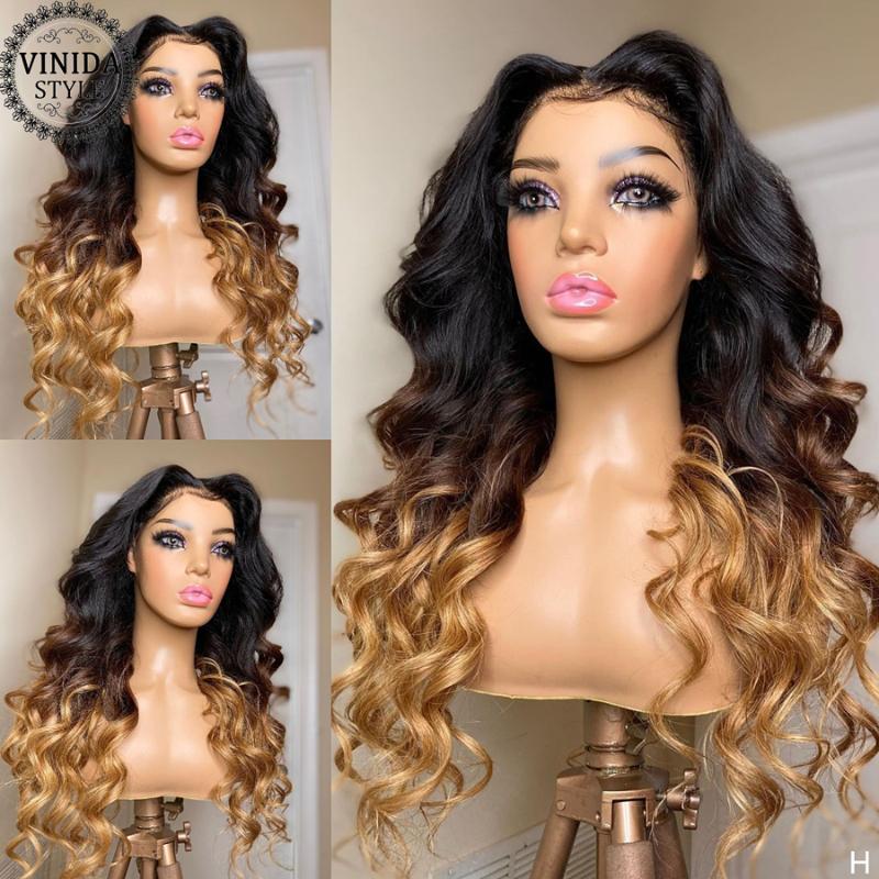 

VINIDA STYLE Ombre Wave T-part Lace Front Human Hair Wigs 150% Density Scalp Top Closure Wigs With Baby Hair Non-Remy, T part wig