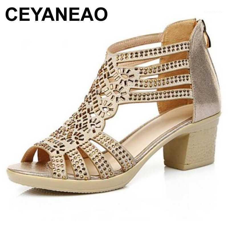 

CEYANEAO Summer style new sandals women genuine genuine leather high heel Roman wedge sandals diamond open toe shoes1, Black