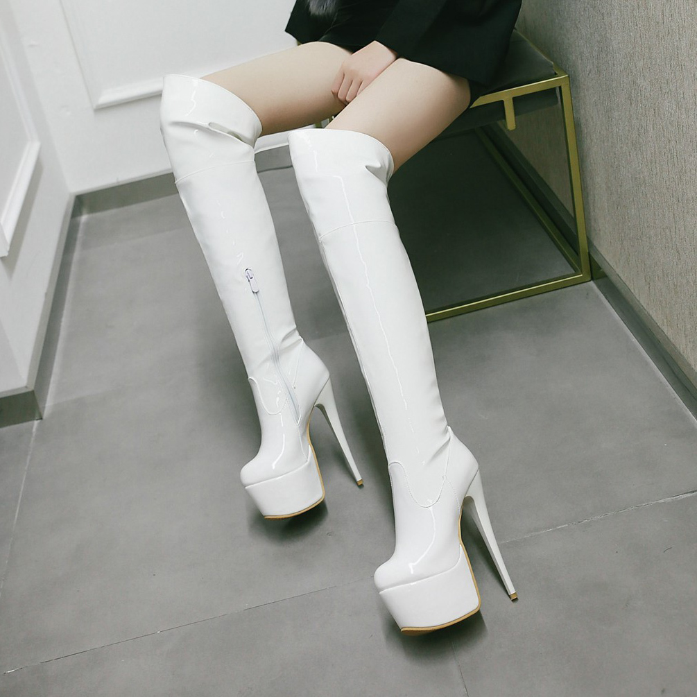 

Woman on-the-knee more size 22-28 in European and American platform sexy long fashion boots pointed to patent leather WZ3H, White