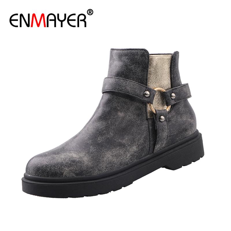 

ENMAYER Womens Boots Ankle PU Round Toe Flat with Spring/Autumn Furry Winter Shoes Solid Short Plush Combat Boots for Women, Brown