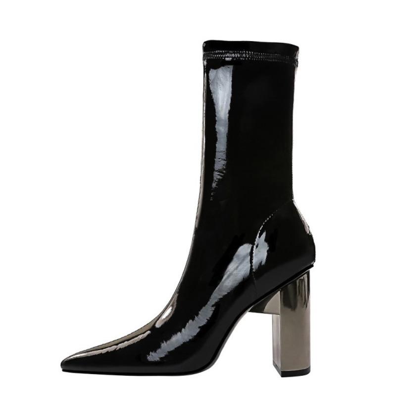 

Winter Women Chunky High Heel Boots 2021 Sexy Pointed Toe Shoes Ladies Patent Leather New Booties 2021 Female Fasahion Shoes, Black