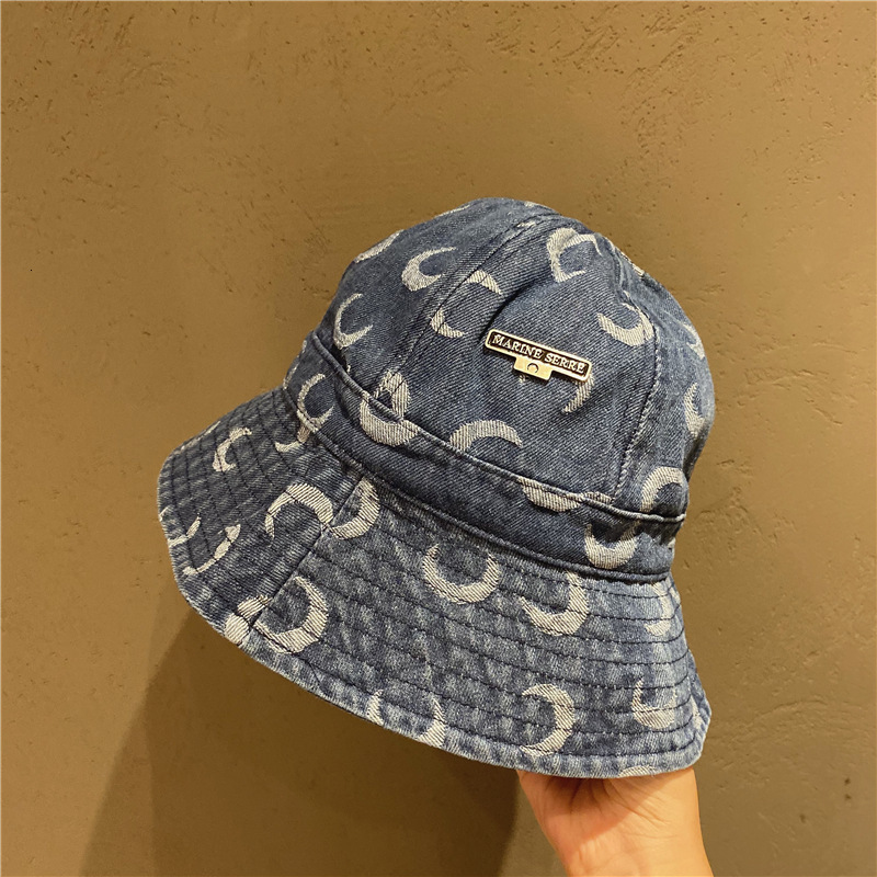 

Street star same autumn and winter new print basin sunscreen denim PU leather moon fisherman hat tide, Black pu leather