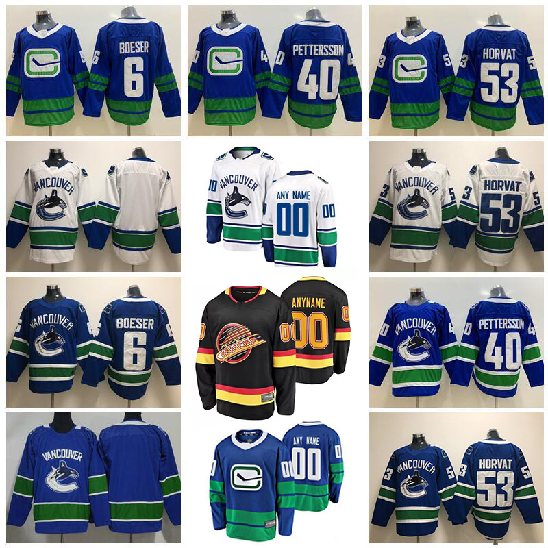 

Custom 2021 Vancouver Canucks Hockey 21 Nils Hoglander 40 Elias Pettersson 6 Brock Boeser 43 Quinn Hughes 53 Bo Horvat Oliver Ekman-Larsson, Black;red