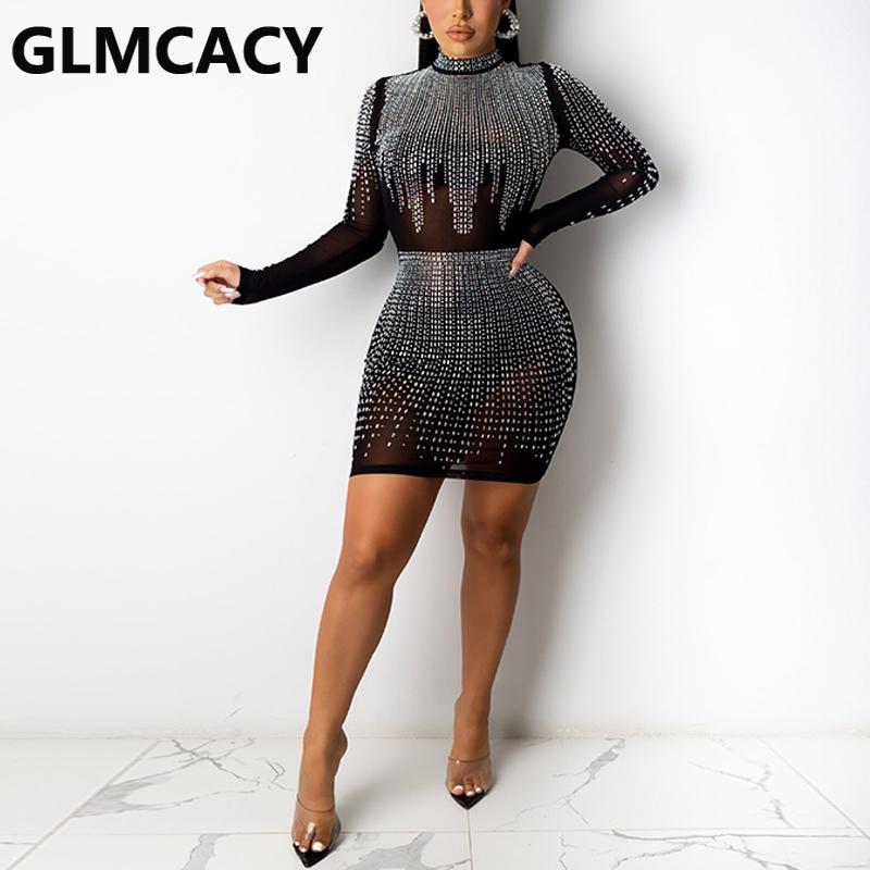 

Women Long Sleeve Mesh Bodycon Dress Diamond Embellished Party Club Dresses, Silver