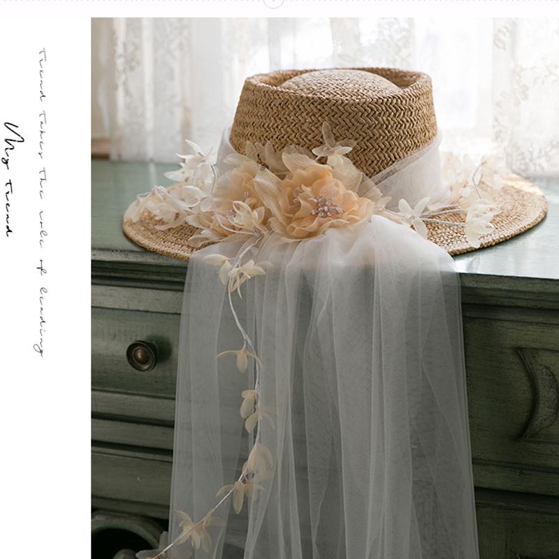 

2021 New Retro Wide Brim Handmade Weaving Straw Women Flower Gauze Bow Mesh Sombrero Cap Bride Fascinator Hat, As pic