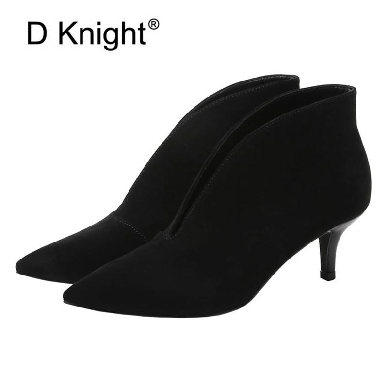 

Women's Boots High Heels Pointed Toe V-Shaped Ladies Boots Ankle Sexy Female Nightclub Party Shoes Ankle For Women Black, Black leather no fur
