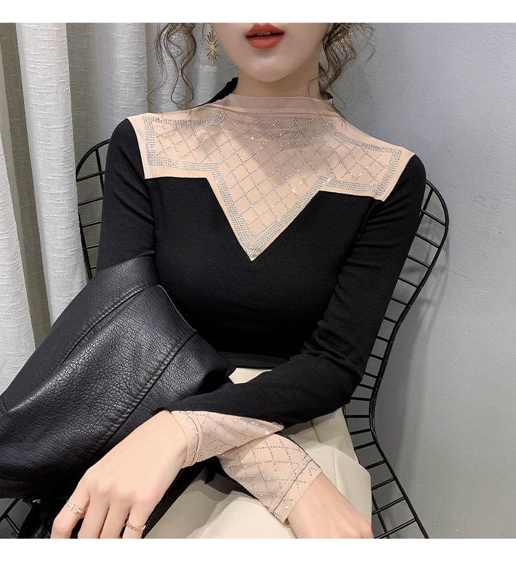 

2020 new design women's stand collar sexy rhinestone gauze patched shinny bling long sleeve plus size t-shirt tops plus size S  L XL XXL, White