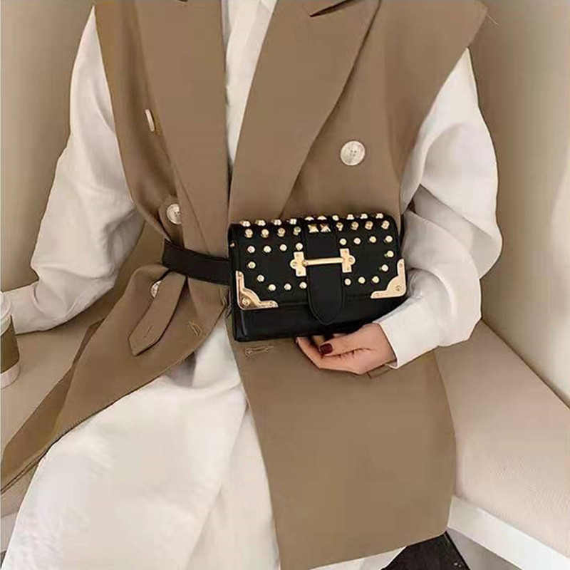 

Women Fashion Waist Belt Bag Punk Rivet Fanny Packs Chest Bags High Quality Chain Phone Hip Crossbody, Colors