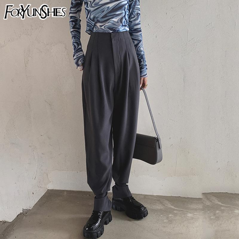 

FORYUNSHES Grey Loose Casual Suit Pants Women Autumn Fashion Korean High Waist Straight Pants Bottom Button Harem Trousers 2020, Gray