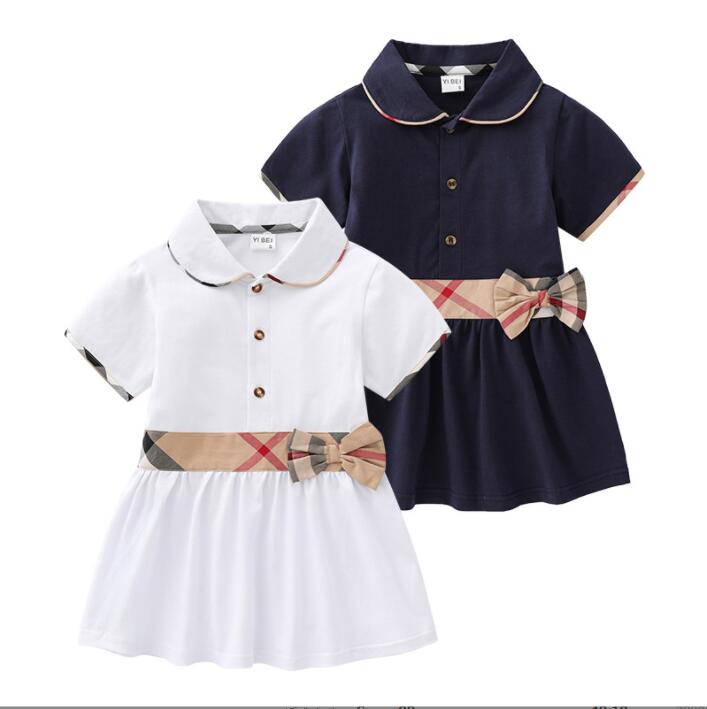 

Summer Baby Girls Princess Dresses With Bowknot Cotton Kids Turn-Down Collar Short Sleeve Dress Cute Girl Plaid Skirt Children Clothes Age 1-6 Years, White