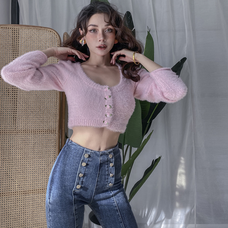 

2021 New Winter Vintage Sweetheart Long Skin Exquisite Little Pink Sleeve Short Female Sweater Cropped Cardigan Streetwear OREK