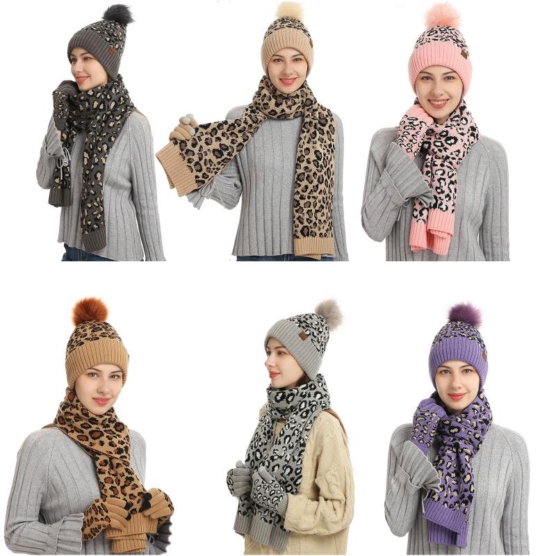 

Women Winter 3Pcs Beanie Hat Long Scarf Touch Screen Gloves Set Leopard Thick Plush Lined Knit Cuffed Pompom Skull Cap