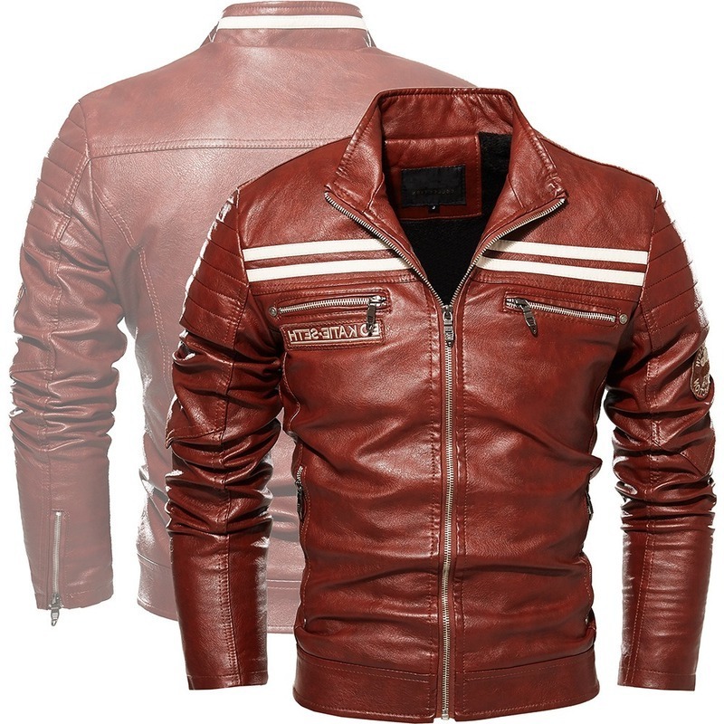 

the New Winter and Autumn Fashion 2021 Men's Europe Version Slim-fitting Stand-up PU Leather Fleece Biker Jacket, Khaki