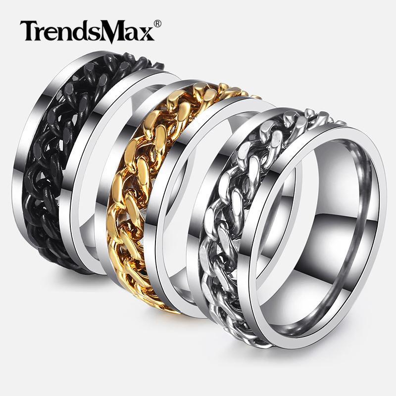 

Trendsmax Men's Ring Punk Rock Accessories Stainless Steel Black Chain Spinner Rings For Men Jewelry 3 Color USA Size 7-12 KRM301