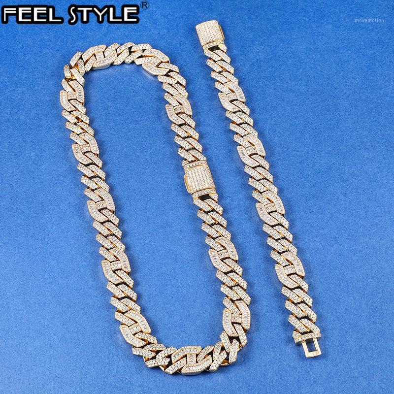

Hip Hop 14MM 2 Row Heavy Prong Baguette Gold Curb Chain Iced Out Box Buckle Copper + CZ 2Set Chain Bracelet For Men Jewelry1