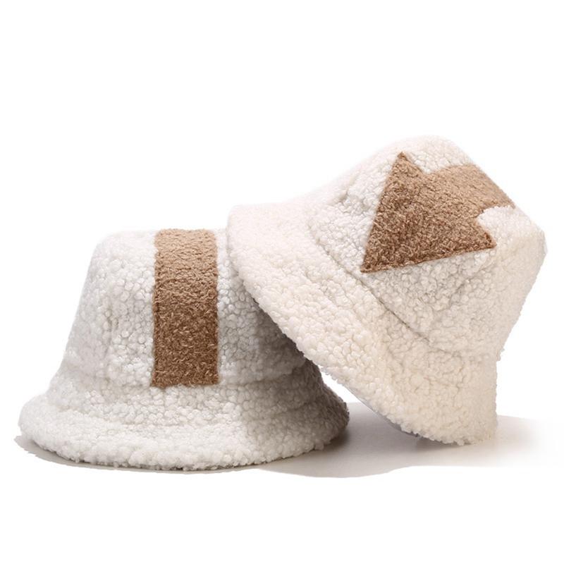

Winter Warm Bucket Hat Fluffy Plush Thick Fisherman Caps Fashion Arrow Print Soft Autumn Sun Hat Female Basin Chapeau 2020 White