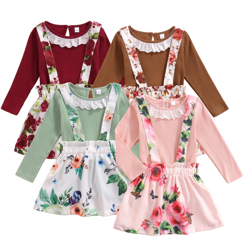 

Clothing Sets Girls Clothes Set Autumn Kids Suit Children Solid Ruffle Top Floral Print Suspender Skirt Fashion, White