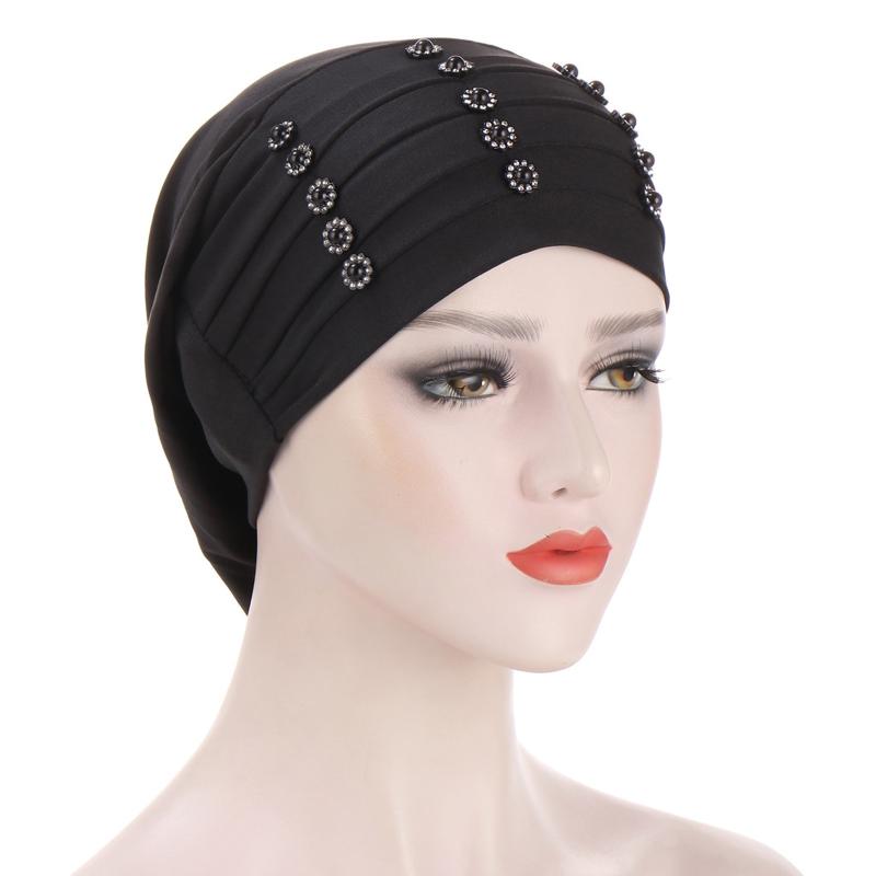 

Women Solid Beading India Hat Muslim Ruffle Cancer Chemo Hat Beanie Wrap Cap, Navy