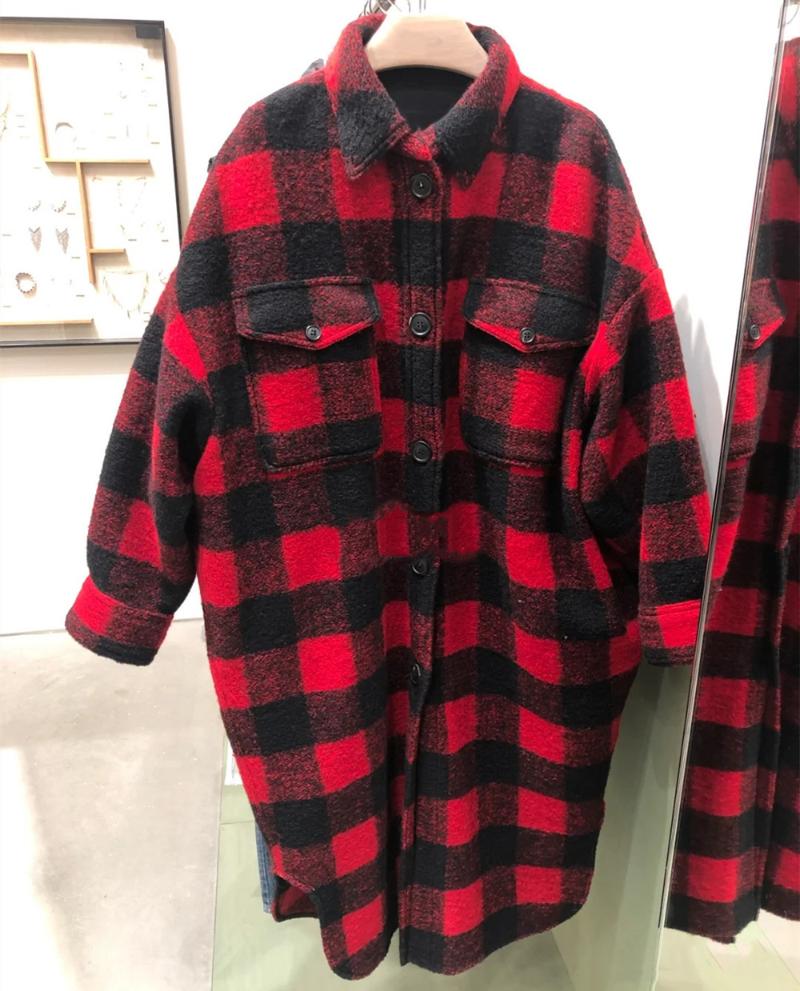 

Women Wool Blend Contrgst Plaid Long Sleeve Lapel Woolen Oversized Coat, Multi