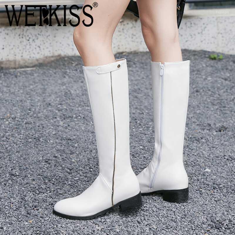

WETKISS White Simple Women Knee High Boots Round Toe Platform Female Shoes Zip Thick Heel Shoes Casual Fashion Boots Autumn Hot1, Black