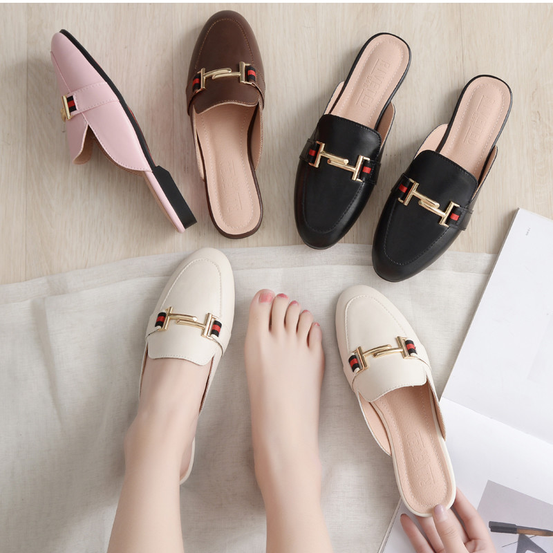 

Women's Winter Suede Flat Toe-covered Fashion Female Leather Mules Shoes Ladies Lazy Slippers Outside Slides Woman Flip Flops 44 X1020, Black