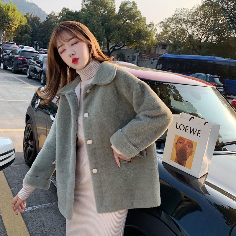 

New Autumn Winter Korean Style Women Loose Casual Lapel Single-Breasted Fleece No Pockets Warm Jacket Coat, Green