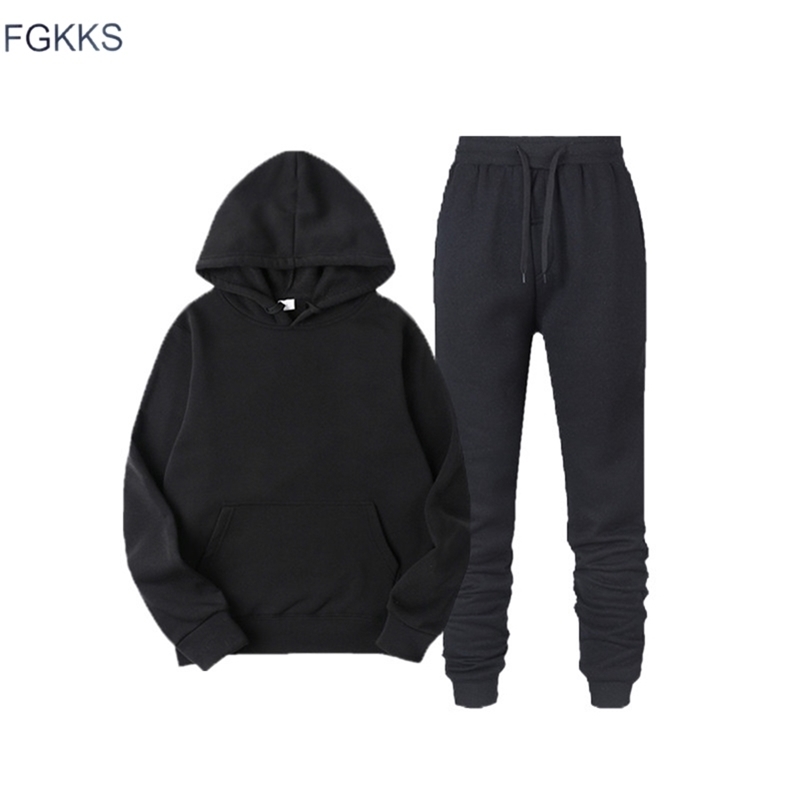 

FGKKS Fashion Men' Sports Sets Solid Color Street Men Casual Hoodies Suit Comfortable Simple Male Tracksuit 201130, White