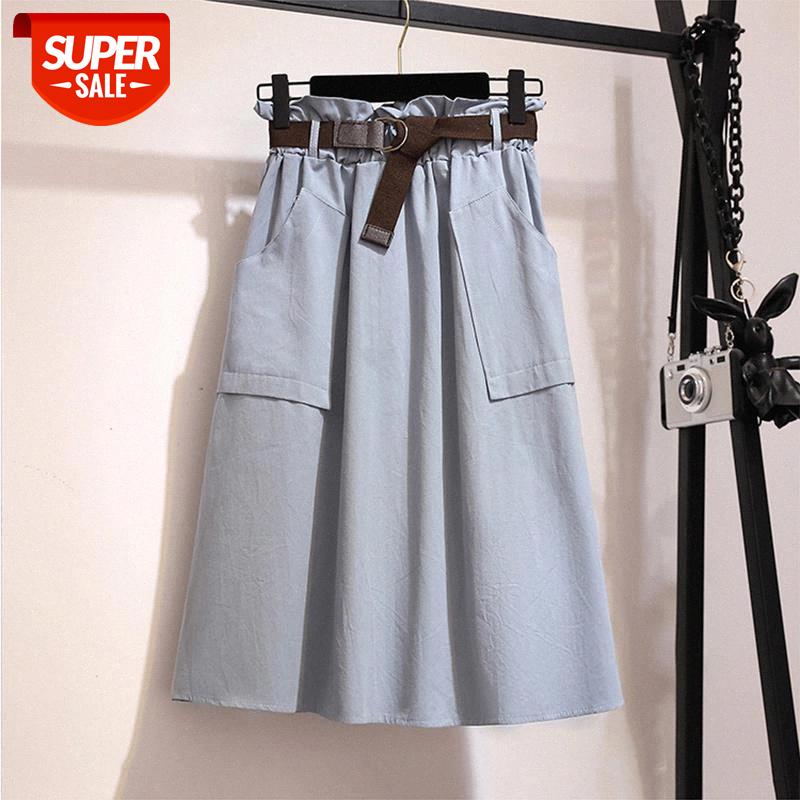 

Midi Knee Length Summer Skirt Women With Belt 2019 Spring Casual Cotton Solid High Waist Sun School Skirt Female #Px1U, White;black