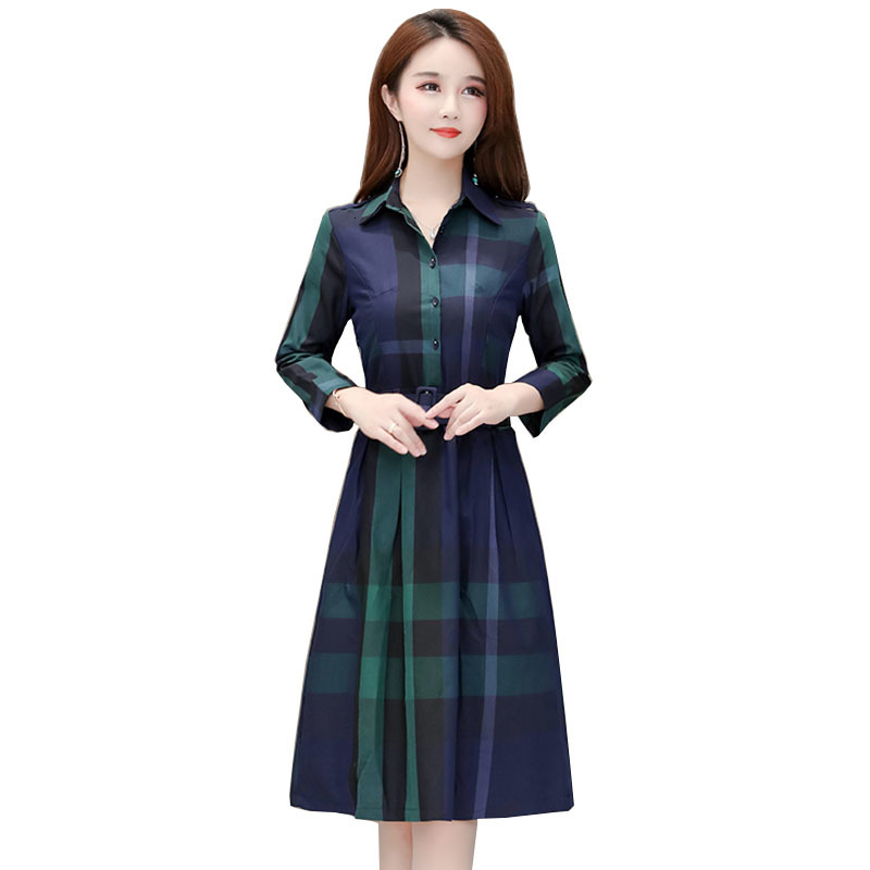 

New Female 2021 Elegant Plaid Casual Mid-korean Mid-length Korean Dress Big R491 0hr6, Blue and green grid