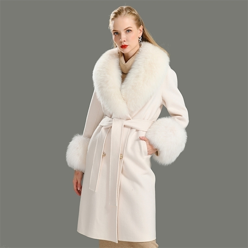

Wool Coat Women Pied De Poule Natural Fox Fur Collar Cashmere Wool Blends Long Outerwear Ladies Streetwear 201221, White