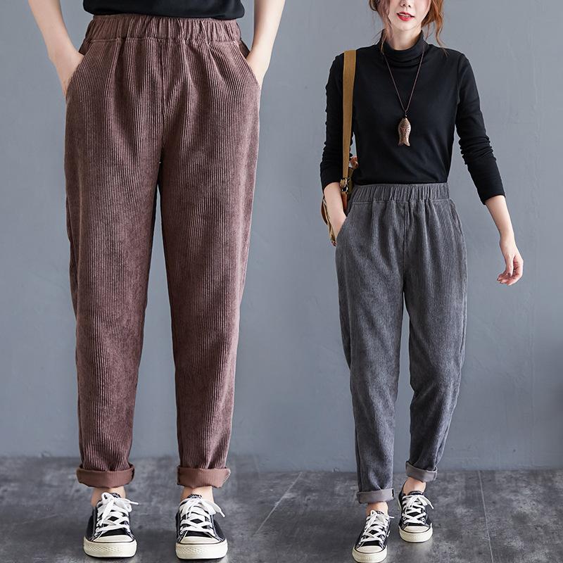 

Large GIRL'S Corduroy Female Pants 2020 Autumn and Winter Korean-style Large Size Loose Harun Leisure Pants High-waisted Dad Pan, Gray