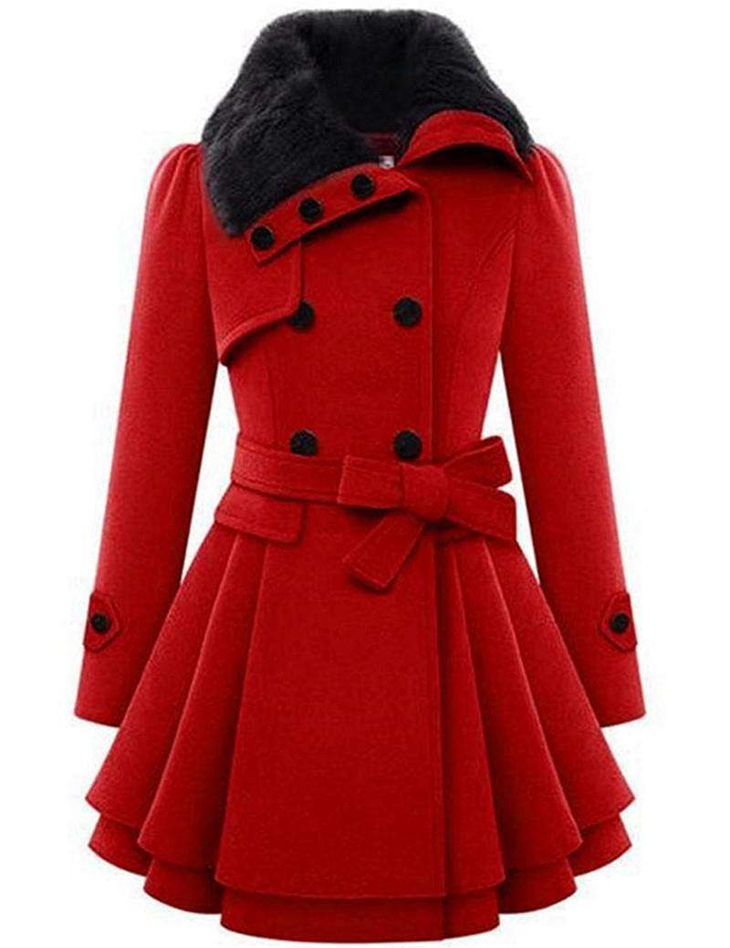 

Female Mode Faux Fur Lapela Trespassado of Gross Wool Trench Coat, Beige