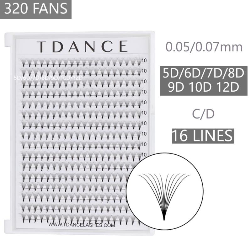 

TDANCE 320 Fans 16Lines Premade Volume Fans 5D/6D/7D/8D/9D/10D/12D Extension Pro Pointy Base Middle Stem Faux Mink Lashes