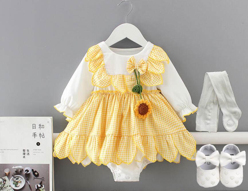 

1 set High quality Baby infant kids girls princess dress christening baptism wedding birthday party gown photo props sunflower, 3 pcs set