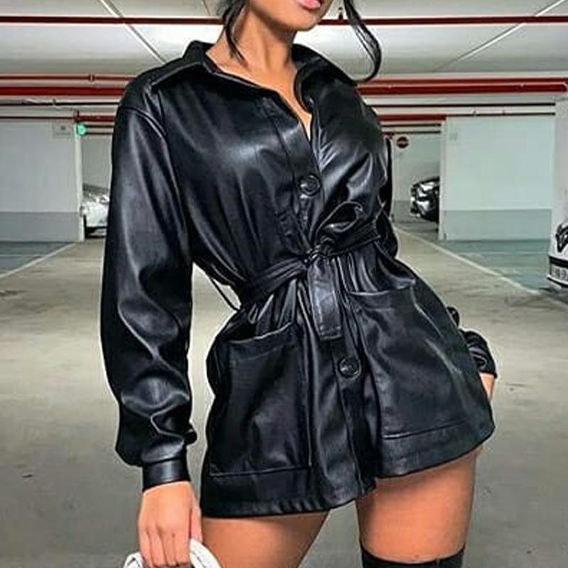 

Autumn Fleece PU Leather Belt Women Shirt Long Sleeve Single Breasted Pocket Female Shirts Solid Streetwear Casual Lady Clothes, Brown