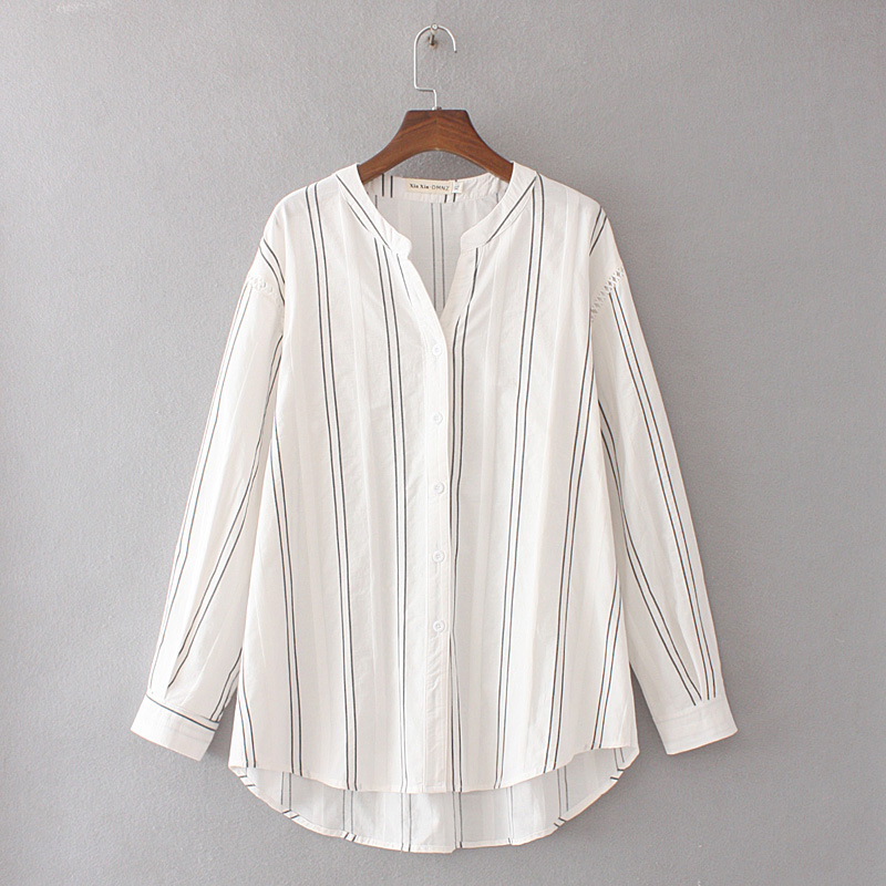 

Size with Plus Low-necked Female Blouse Big Striped Cotton Tops Long Muslim Springtime Clothes Xpjj, White