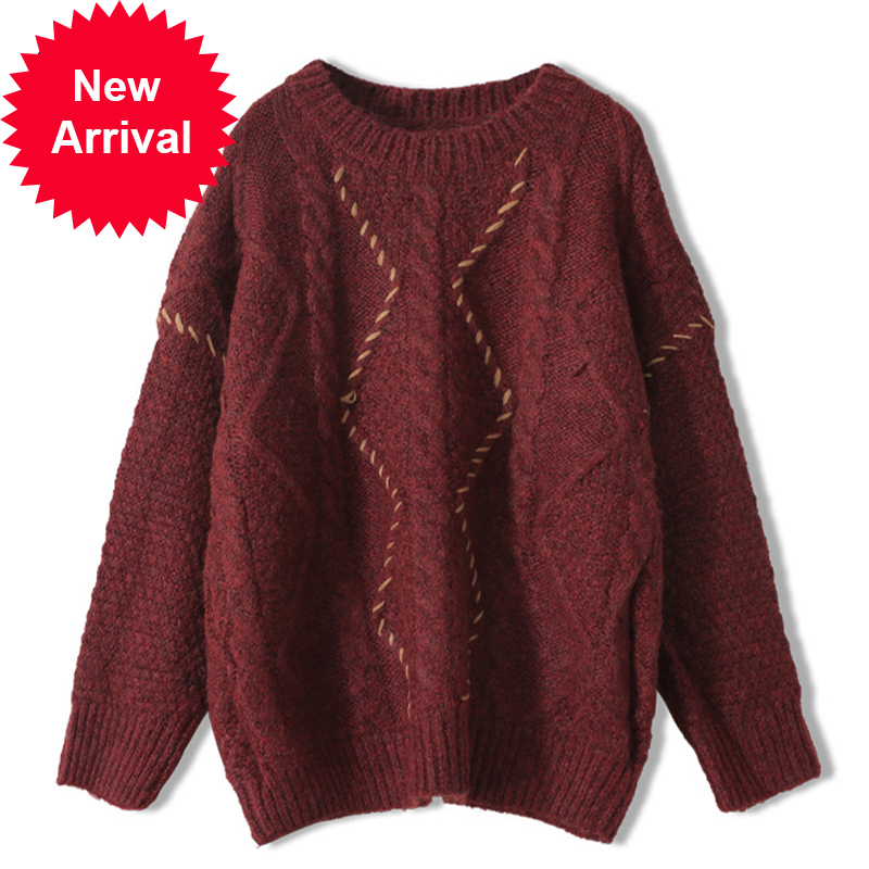 

Oversee women' nightgown autumn casual fashion knitted sweater torsion solid neck thick female long sleeve C-312, Burgundy