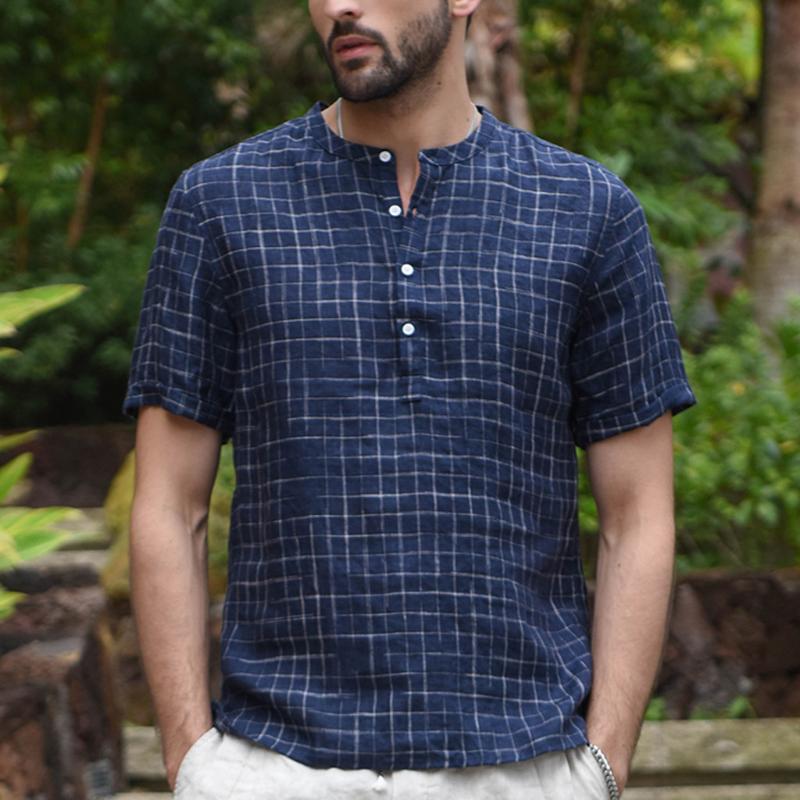 

feitong Men Shirts Blouse Summer Tops 2020 Vintage Splicing Button Linen Solid Short Sleeve Retro Cool Thin Breathable Shirt Men, Black