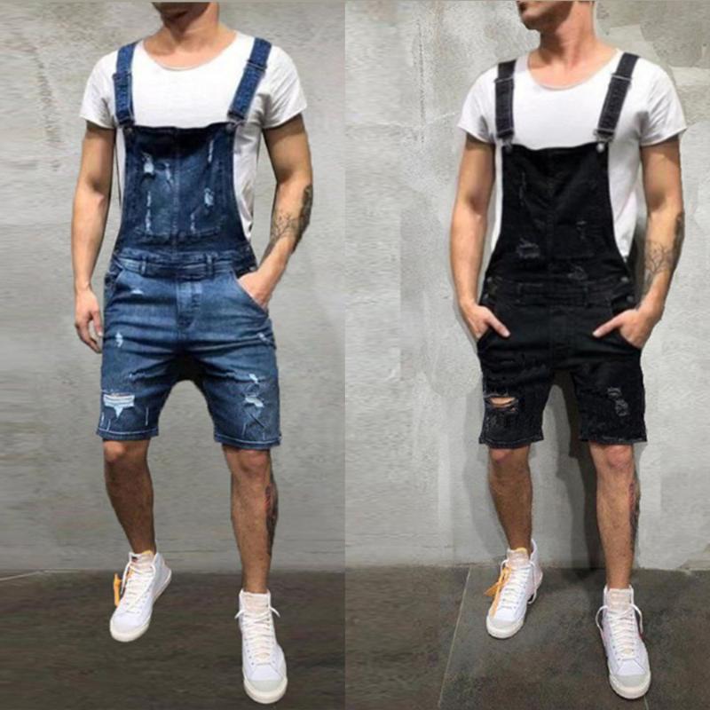

2021 Oversize Fashion Men' Ripped Jeans Jumpsuits Shorts Summer Hi Street Distressed Denim Bib Overalls For Man Suspender Pants