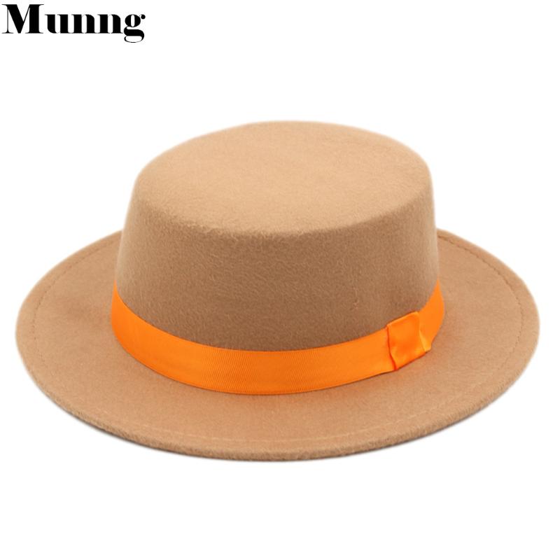 

Munng Fashion Women Wool Wide Brim Bowler Boater Sailor Cap Flat Top Felt Hat w/ Orange Ribbon Band, Black