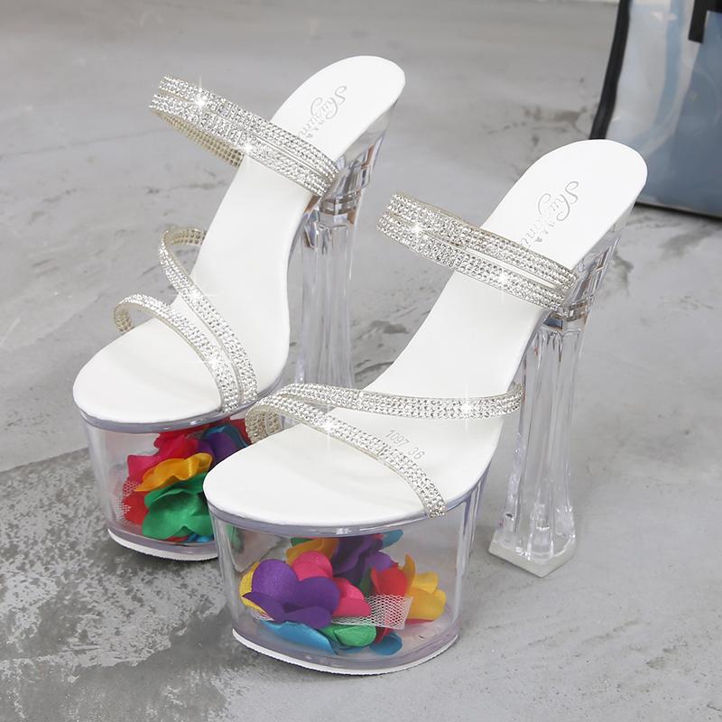 

2021 Summer Casual Women Stripper High Heels Rhinestone Sandals Transparent Platform Sandals Big Size Fairy Flower Female Shoes, 17cm high heels