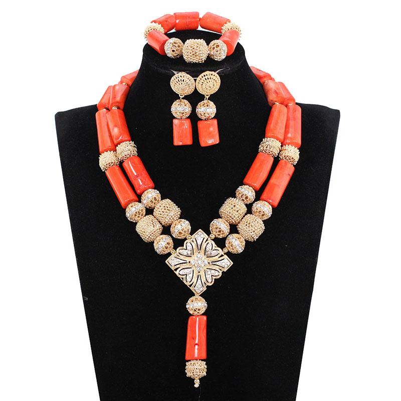 

African Nigerian Wedding Coral Necklace Set 2021 Fashion Real Coral Jewelry Set for Women Gold Bridal Beads Jewellery ABH679, As pic
