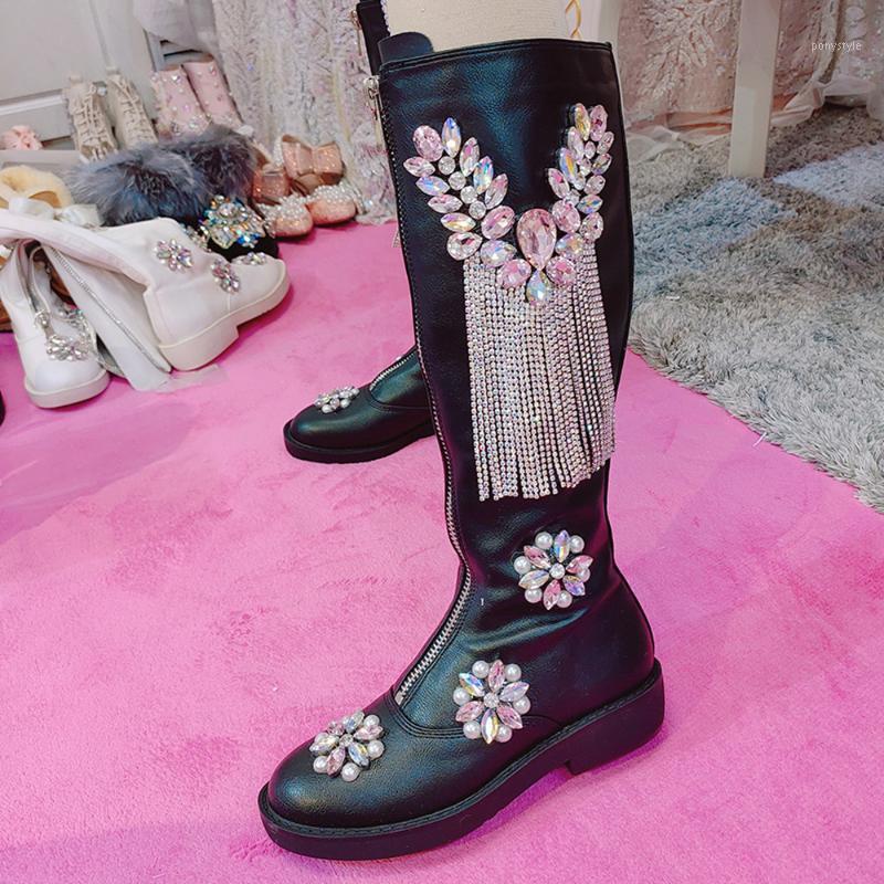 

Womens Rhinestones Diamond Crystal Tassels Knee Thigh High Boots Hidden Heel Riding Punk Shoes DIY Black White New 20201