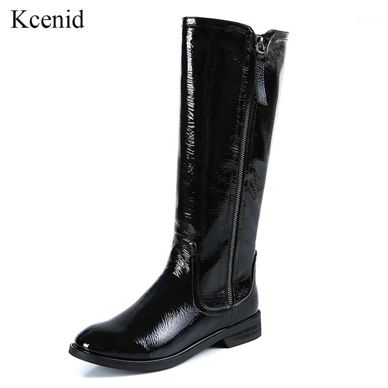 

Kcenid elegant women boots black patent leather knee-high winter boots keep warm fur low heel round toe ladies shoes big size 441, Black pu
